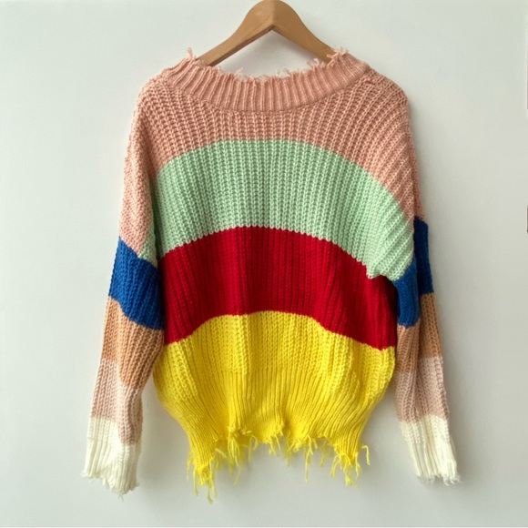 Main Strip : Rainbow Knit Fun Boho Frayed Hem Knit Sweater : Small - Picture 6 of 6